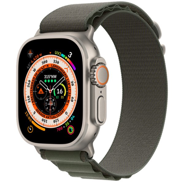 Apple Watch Ultra GPS + Cellular, 49mm Titangehäuse, Alpine Loop Grün, Small (130-160 mm Umfang)