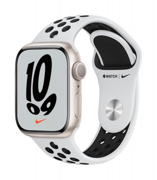 Apple Watch Nike Series 7, GPS, 45 mm Aluminium Polarstern, Sportarmband Pure Platinum/Schwarz