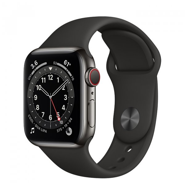 Apple Watch Series 6 Edelstahl Graphit, GPS + Cellular, 44 mm, Sporarmband Schwarz, Regular