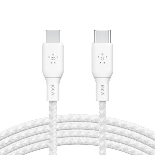 Belkin USB-C auf USB-C Kabel, geflochten, 100 W, 2m, Weiß